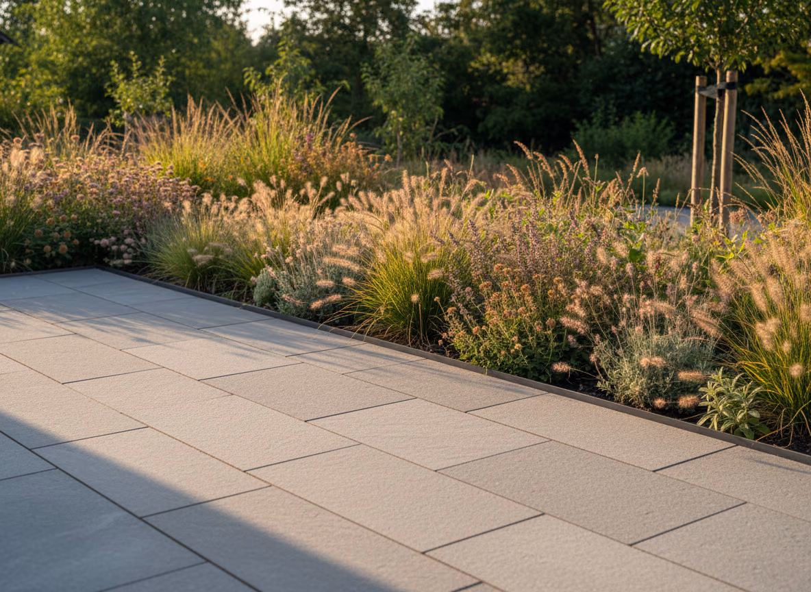 Terrasse aus großformatigem Naturstein, dicht verlegt, mit angrenzender Staudenpflanzung