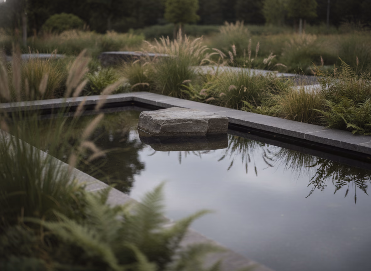 Ruhiges Wasserbecken mit Natursteineinfassung, umgeben von Gräsern