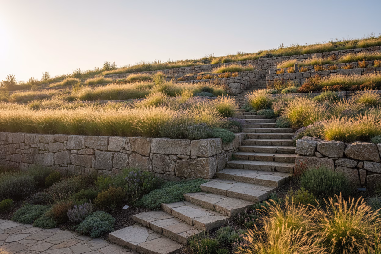 Hanggarten mit Natursteinmauer und terrassierten Beeten