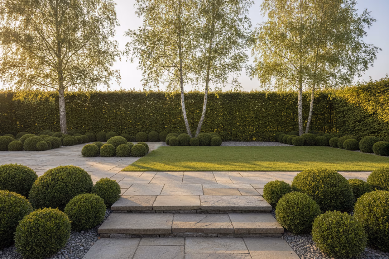 Gartenanlage mit Natursteinterrasse, Sitzbereich und geschnittenen Hecken