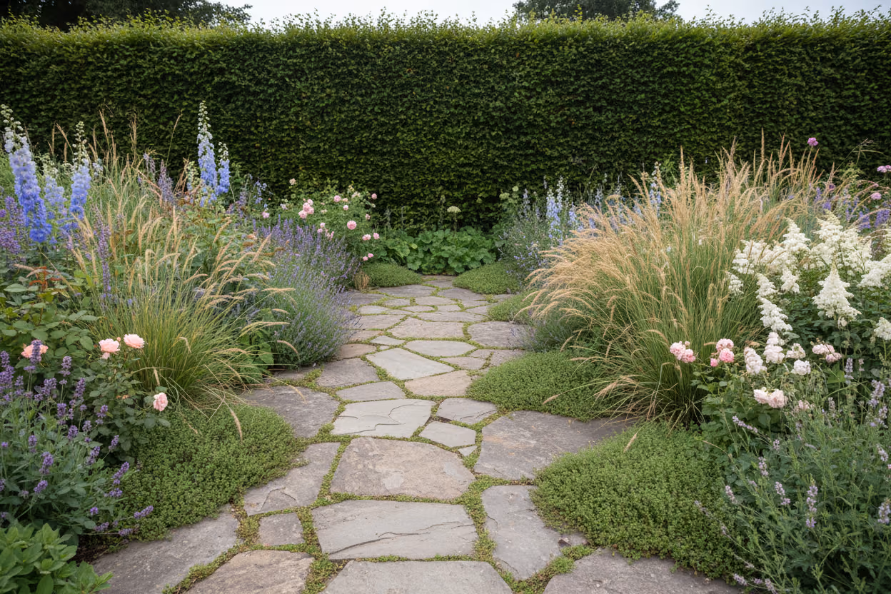 Gartenweg aus Natursteinplatten zwischen Staudenbeeten